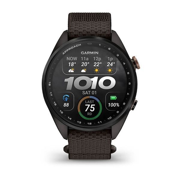 Смарт-годинник Garmin Approach S72 (43 мм) карбоново-сірий DLC титан бронзовий/сірий тканинний ремінець ComfortFit 010-04147-02 фото