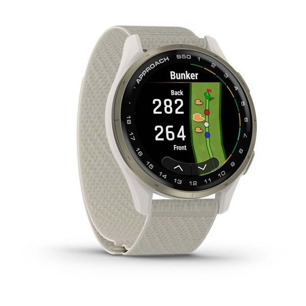 Смарт-годинник Garmin Approach S50 з кремово-золотистим алюмінієвим безелем і нейлоновим ремінцем ComfortFit кольору слонової кістки 010-03010-01 фото