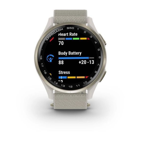 Смарт-годинник Garmin Approach S50 з кремово-золотистим алюмінієвим безелем і нейлоновим ремінцем ComfortFit кольору слонової кістки 010-03010-01 фото